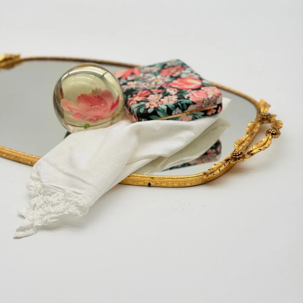 Vintage Hollywood Regency Gold Filigree Mirrored Vanity Tray Floral Handles Oval